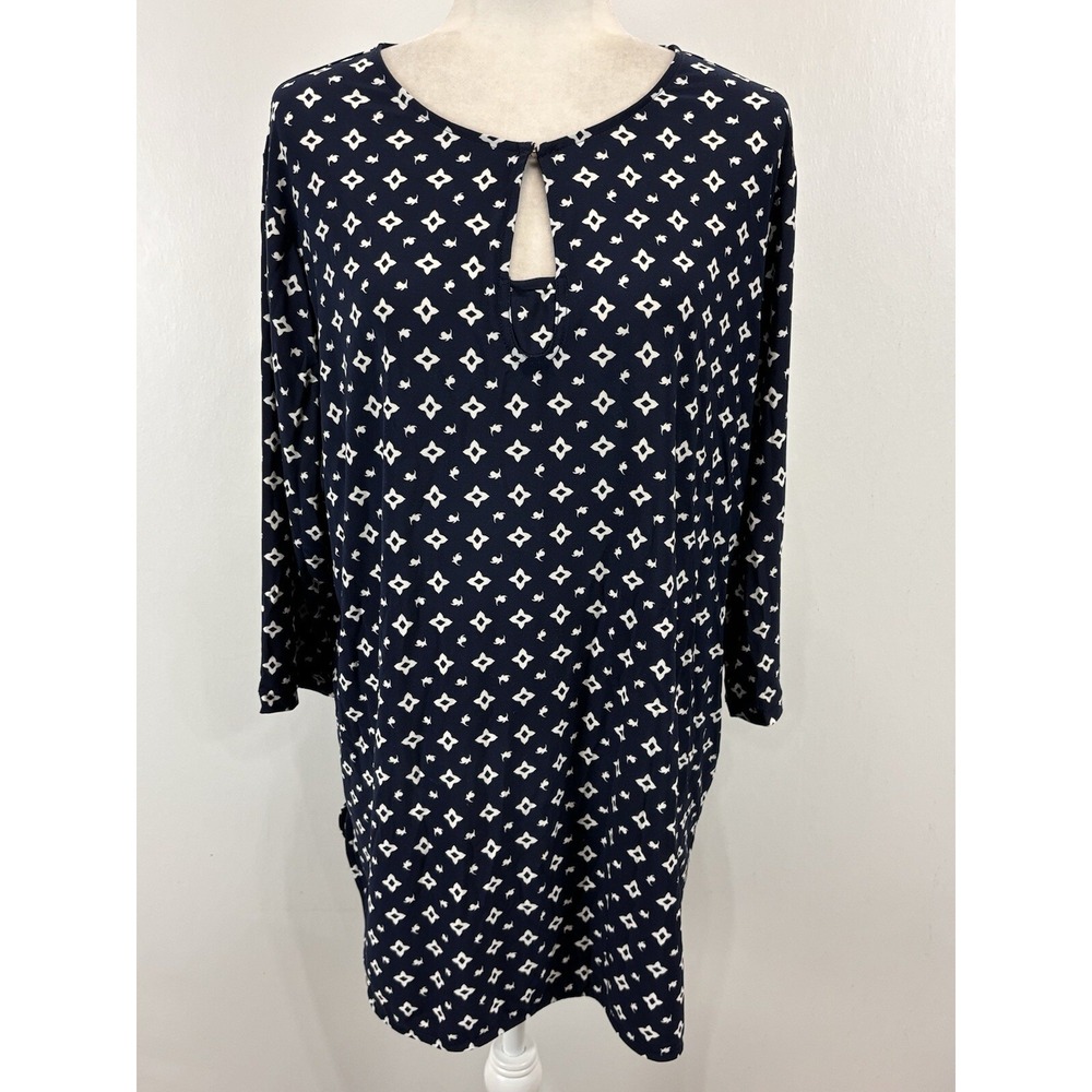 Lauren Ralph Lauren Tunic Top Shirt Sz 2X Plus Women's Navy Keyhole 3/4 Sleeves